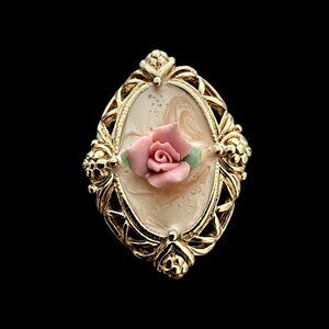 Vintage 1980's Brooch Pin Oval Gold Tone Ornate Frame with Pink Rose 3D Avon